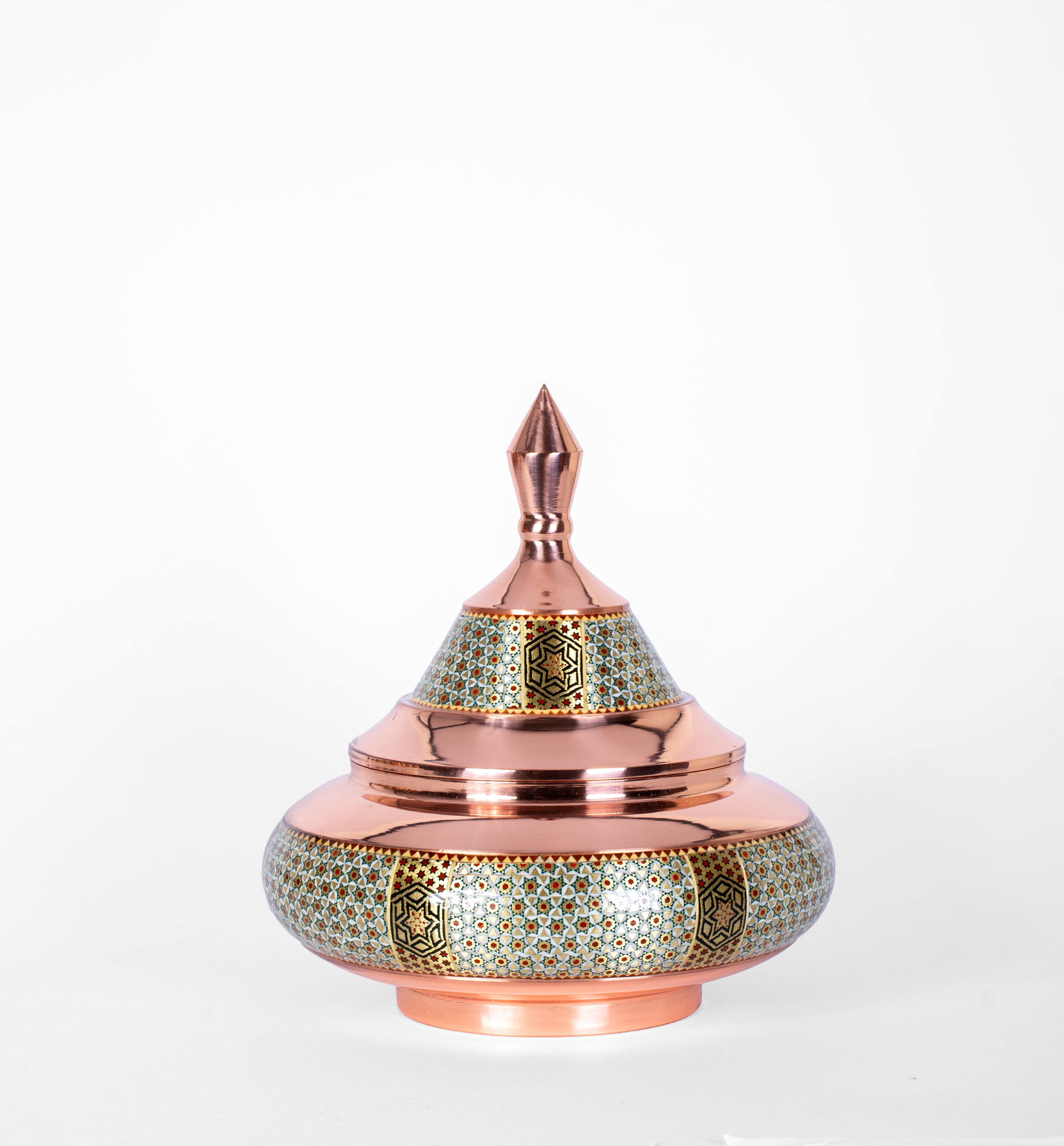 بشقاب پرنده مس و خاتم با طراحی سنتی و نقوش ظریف خاتم‌کاری