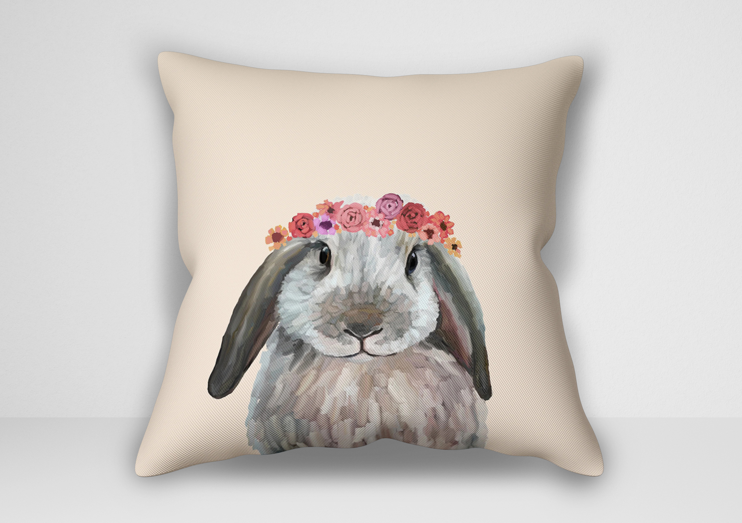 کوسن نقاشی خرگوش سفید با تاج گل اثر کتی والترز کوسن نقاشی خرگوش سفید با تاج گل اثر کتی والترز