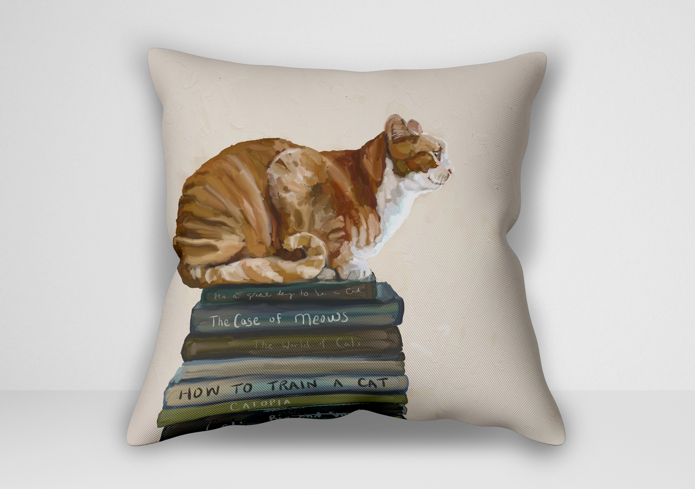 کوسن نقاشی گربه روی کتاب‌ها اثر کتی والترز