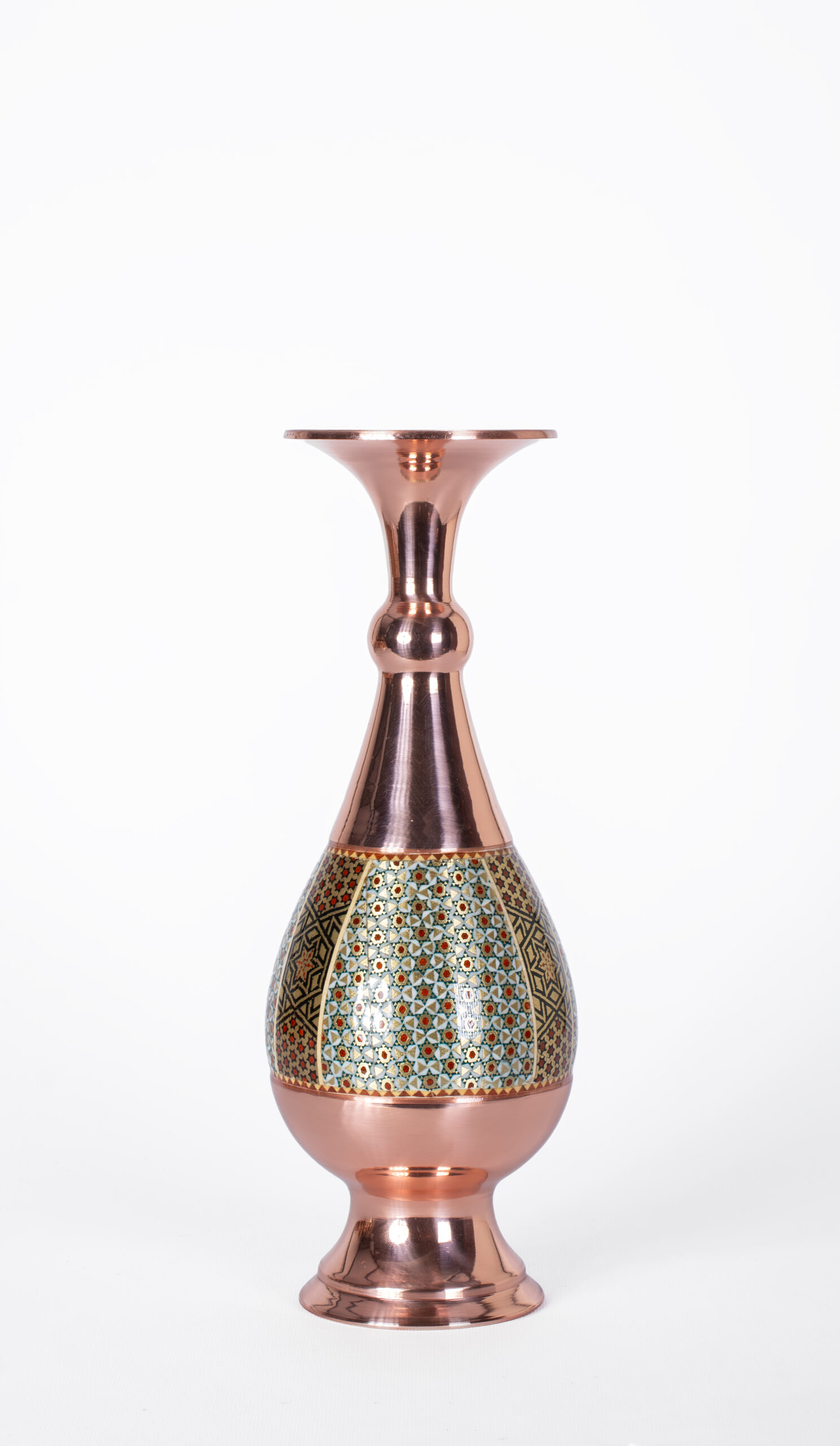 گلدان مس و خاتم مدل صراحی دست‌ساز با طرح خاتم‌کاری ایرانی